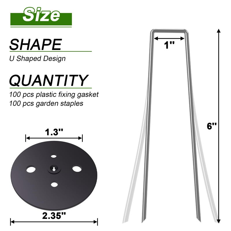 AAGUT 100 Pack Landscape Staples with Gasket Washer Caps  6 Inch Vapor Barrier Stakes  Metal Garden Stakes Landscape Fabric Staples for Gardening Landscaping  Sod Fence Yard Lawn Ground Weed Mat Pins - Image 2